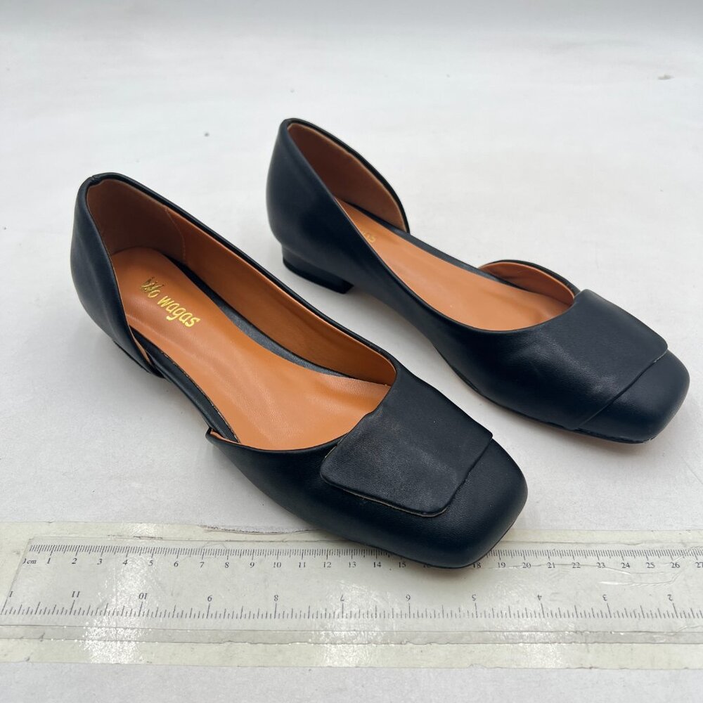Wo Wagas Black Pump Side Cut Block Low Heel Square Toe Slip On Working Shoe - Picture 4 of 8
